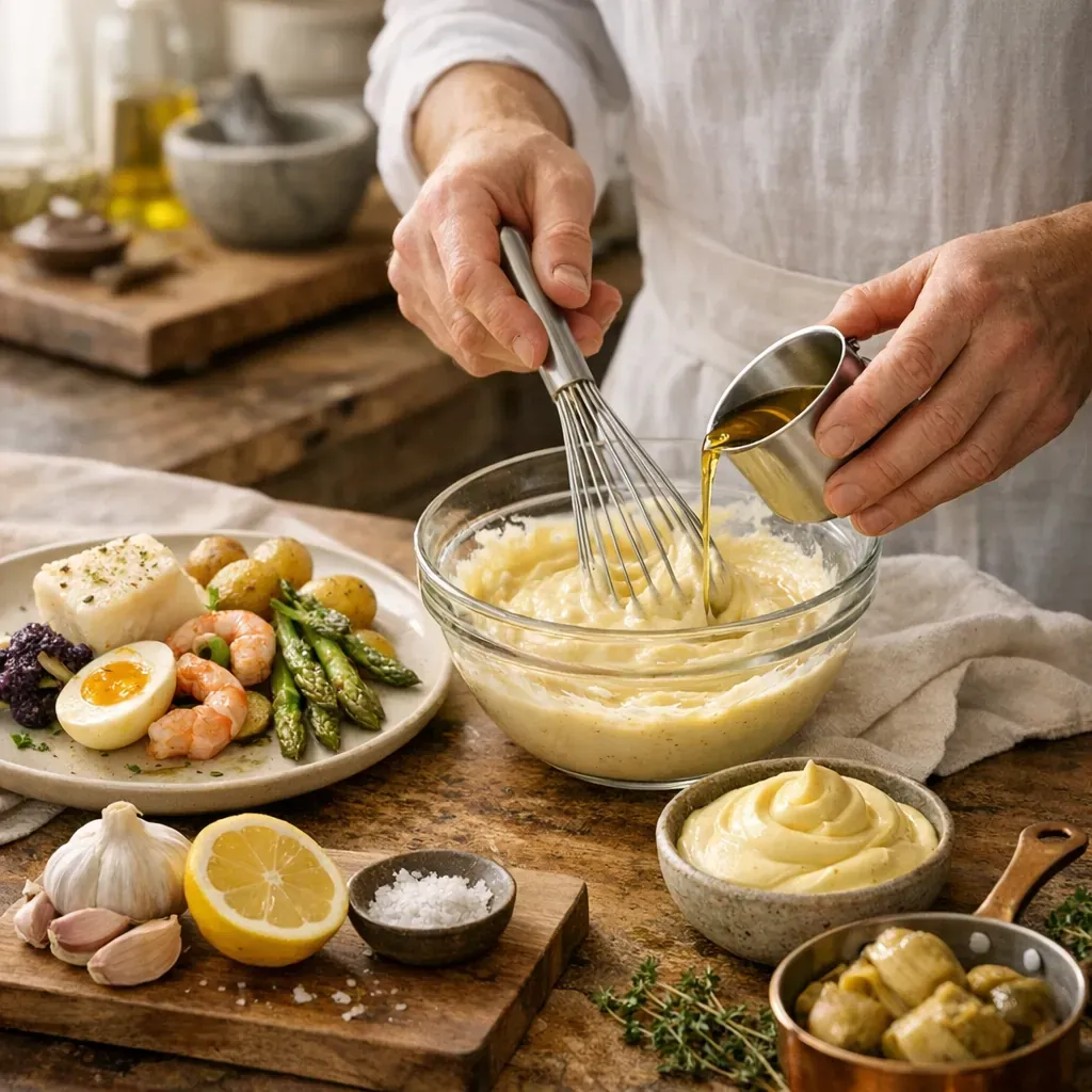 Gestes de chef pour un aïoli revisité, stable et lumineux