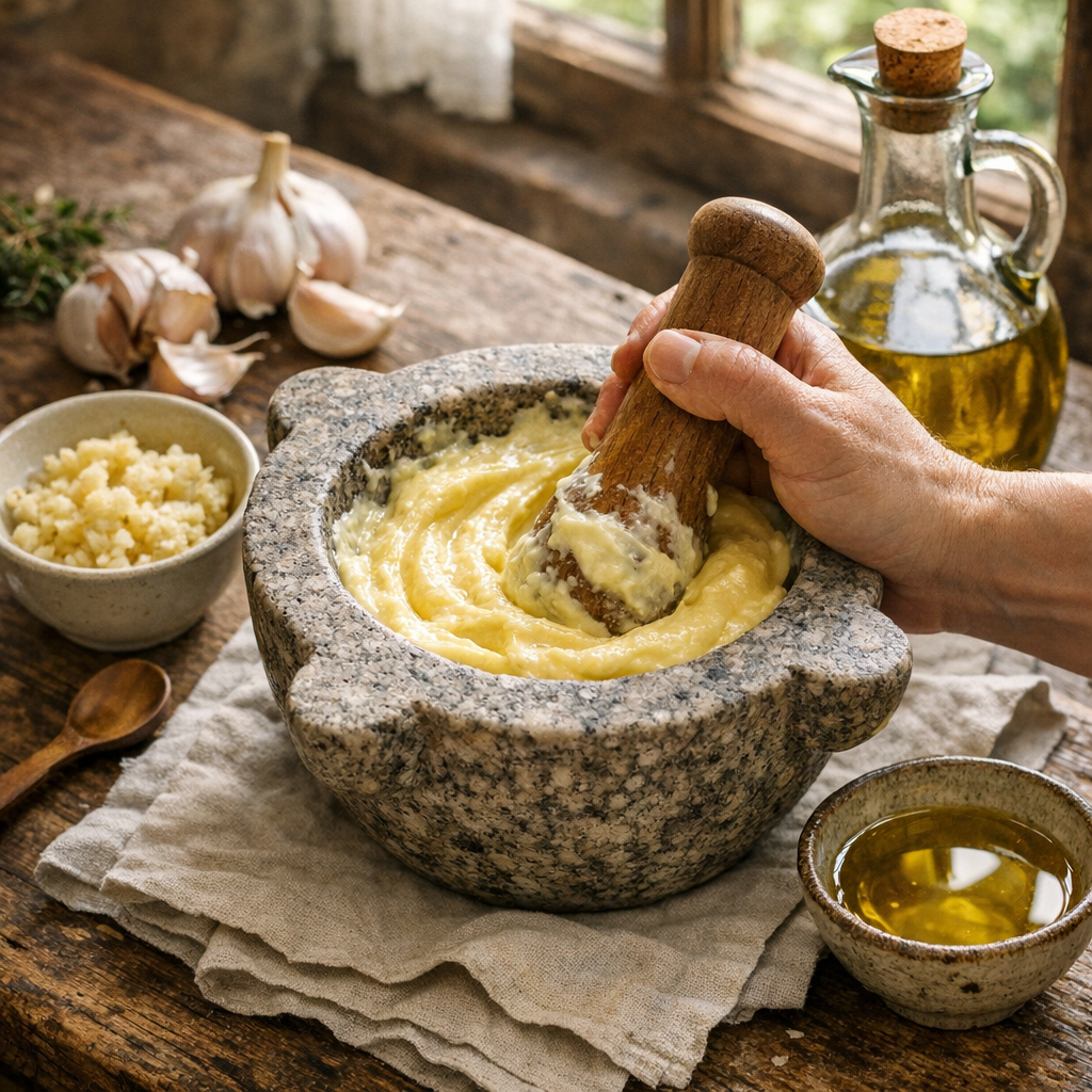 L’Aïoli traditionnel se prépare au mortier, pas en mayonnaise