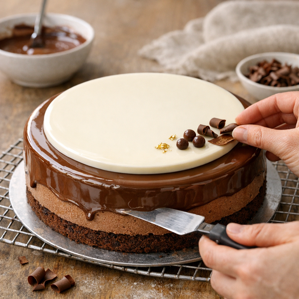 Glaçage, disque de chocolat blanc et finitions propres