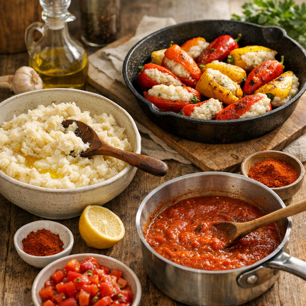 Les étapes de préparation : brandade, petits poivrons et sauce tomate au paprika