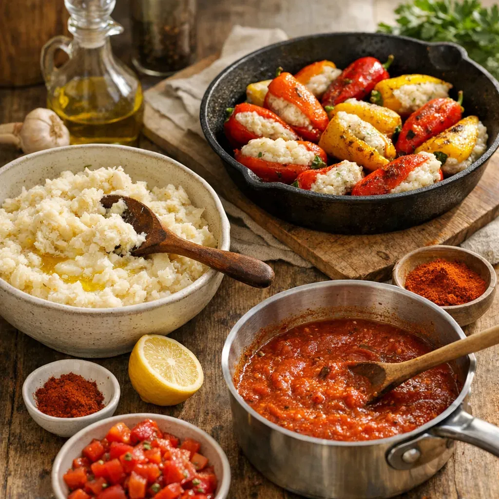 Les étapes de préparation : brandade, petits poivrons et sauce tomate au paprika