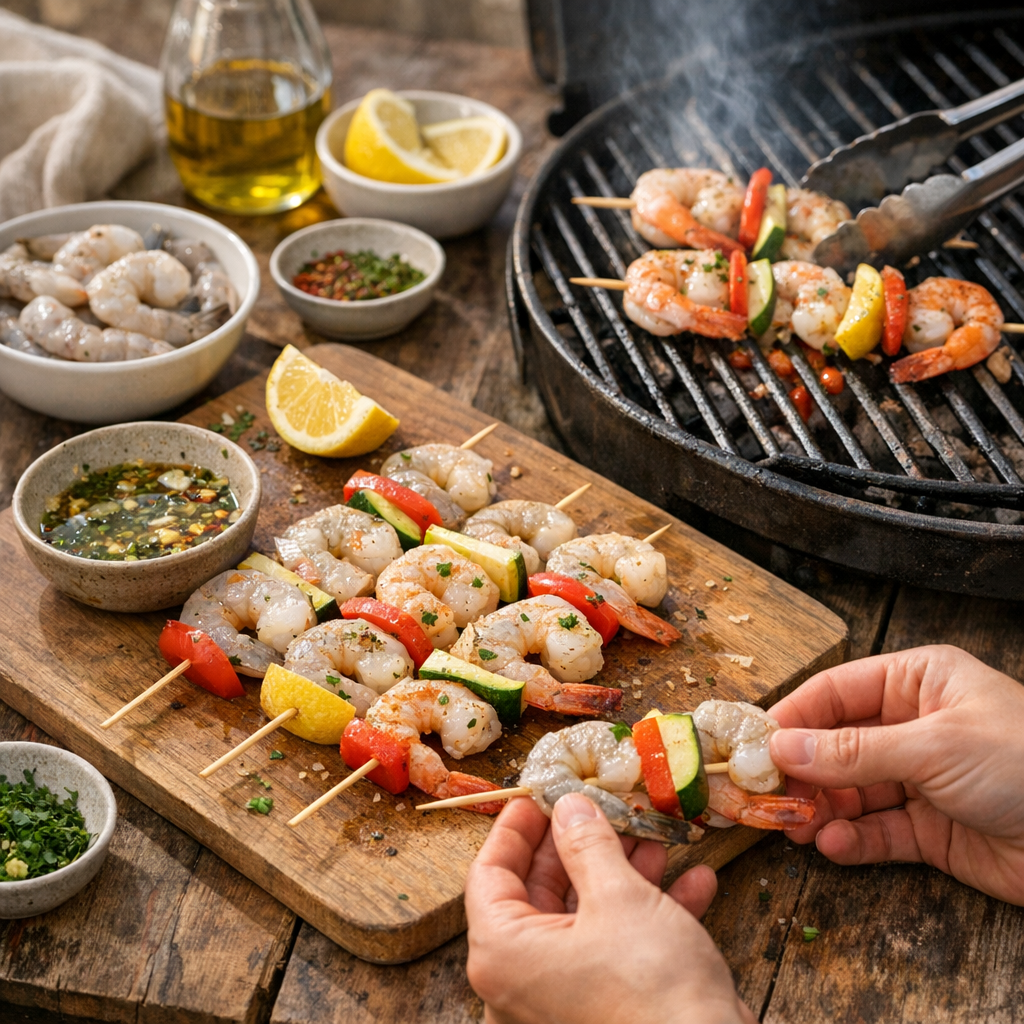 Préparation : comment monter et cuire les brochettes de crevettes