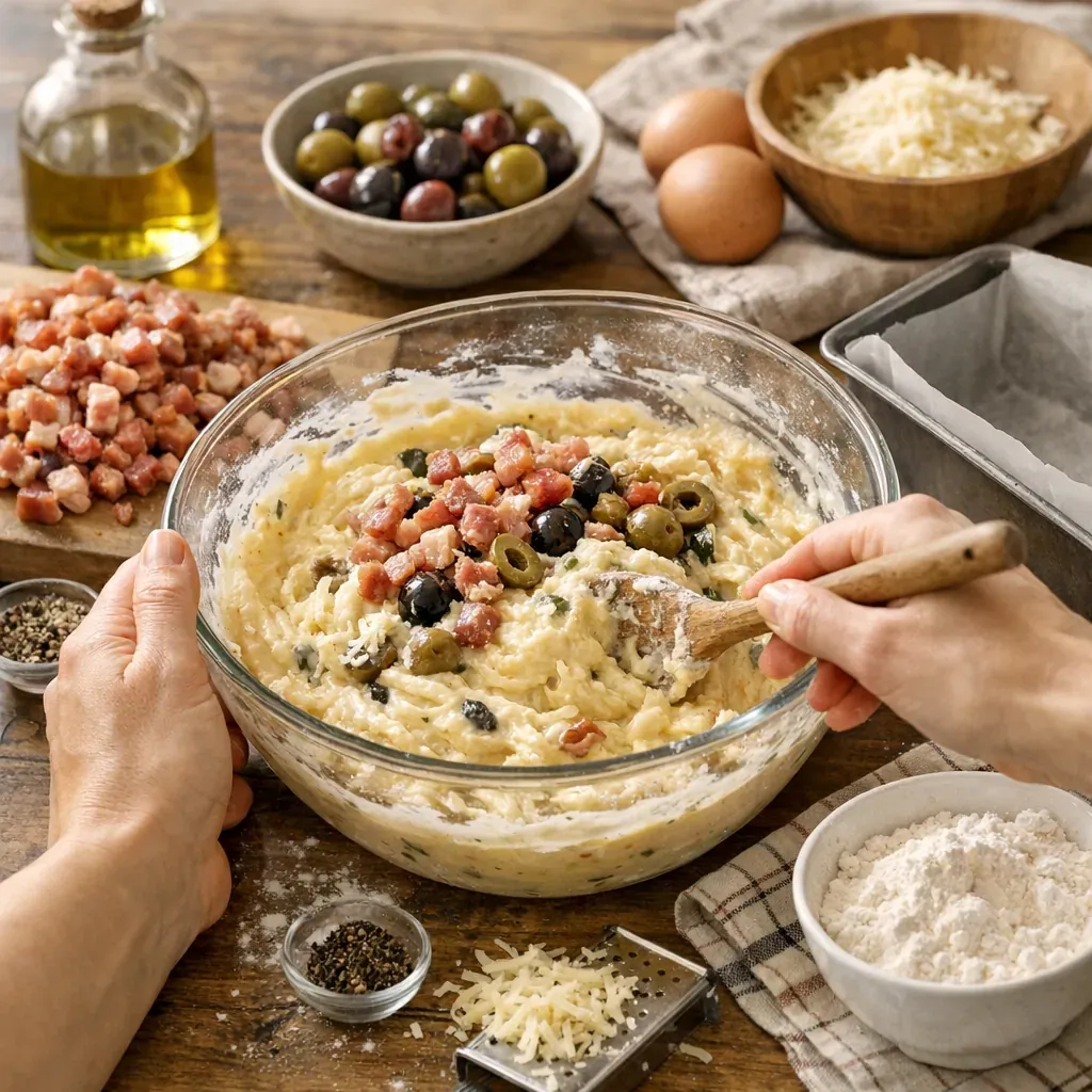 Préparation : le cake aux lardons et olives pas à pas