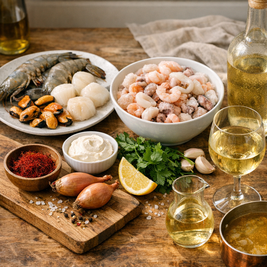 Les ingrédients justes pour 4&nbsp; : frais, surgelé, safran et vin blanc