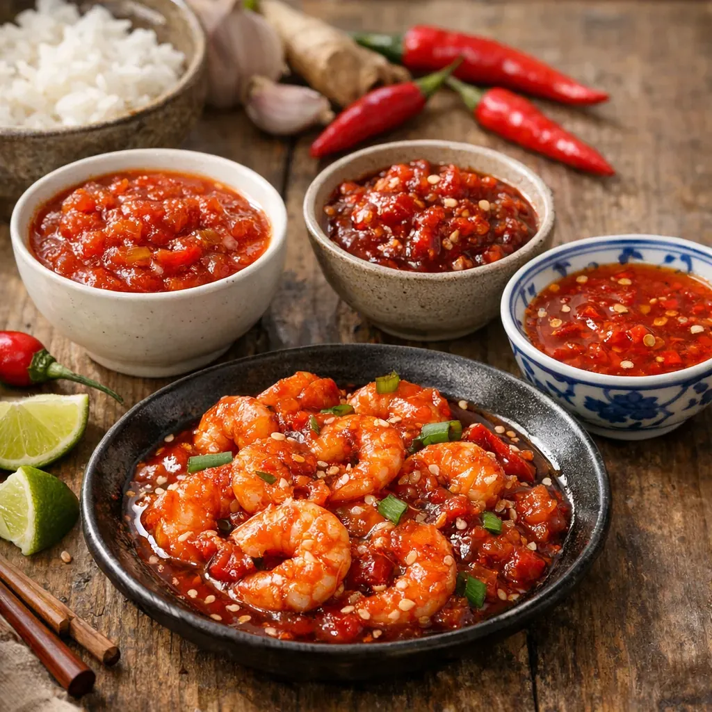 Variantes de sauce piquante : tomate, sambal, thaïe ou chinoise