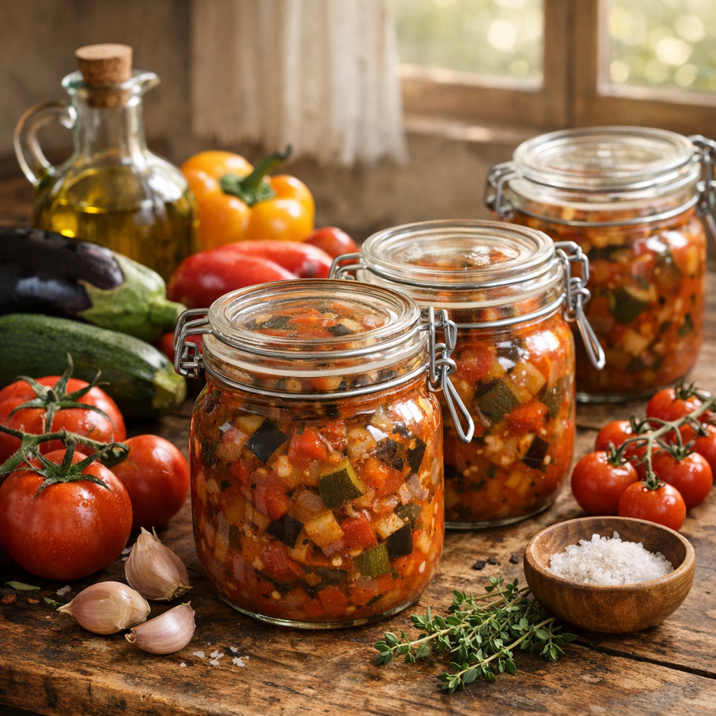 Les conserves de ratatouille maison gardent l’été en bocaux