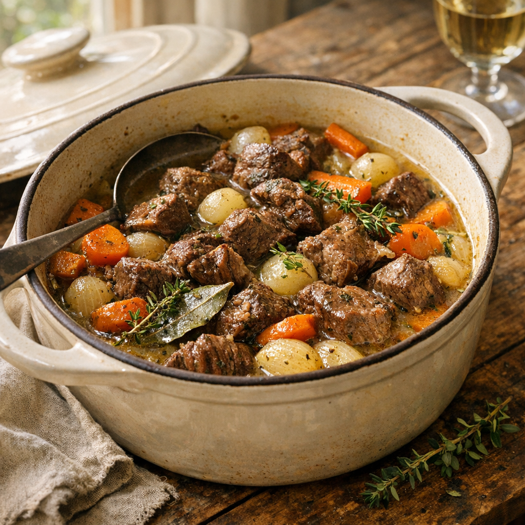 La Daube Provençale traditionnelle mijote au vin blanc