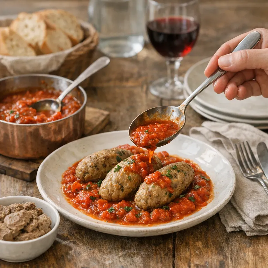 Sauce tomate, quenelle et service à table