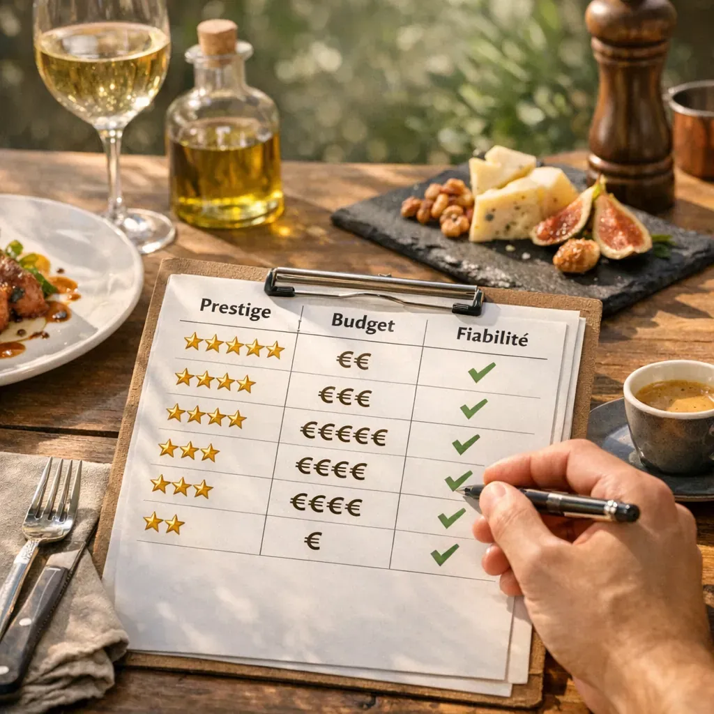 Tableau comparatif : prestige, budget et fiabilité pour comparer les restaurants gastronomiques du Var