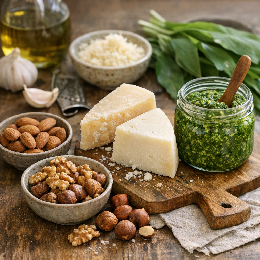 Quelques mots sur cette recette : amande, noix ou noisette ? parmesan ou pecorino ?