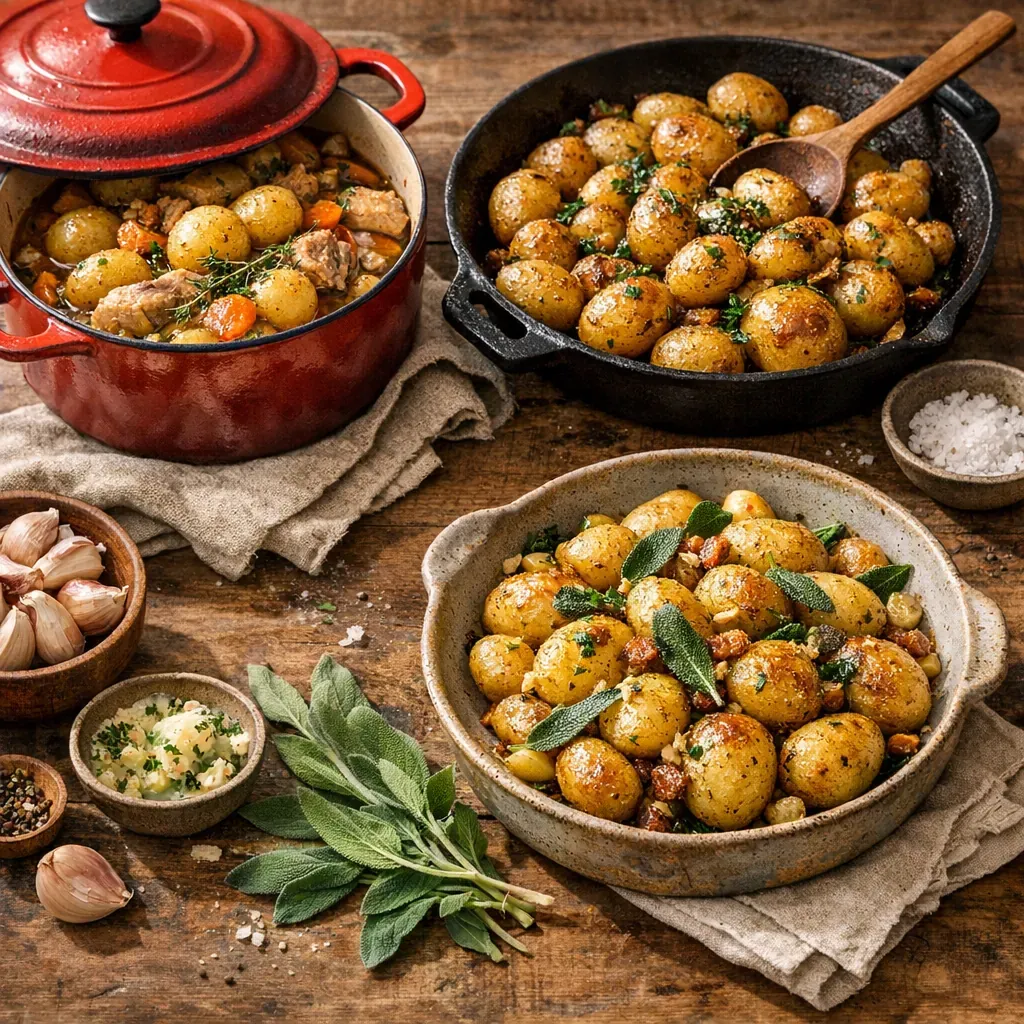 Variantes&nbsp; : cocotte, pommes de terre grenaille sautées et version sauge d’hiver