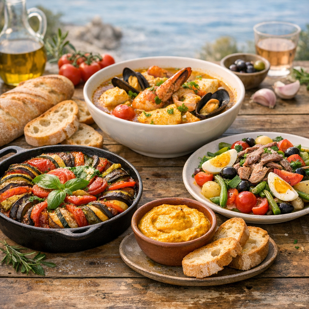 Les recettes méditerranéennes les plus parlantes : ratatouille, bouillabaisse, rouille, salade niçoise