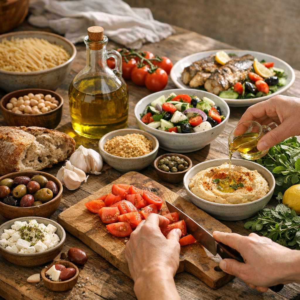Quels aliments de base et quels gestes de cuisine reviennent dans les recettes méditerranéennes crédibles ?