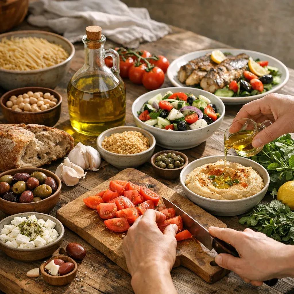 Quels aliments de base et quels gestes de cuisine reviennent dans les recettes méditerranéennes crédibles ?