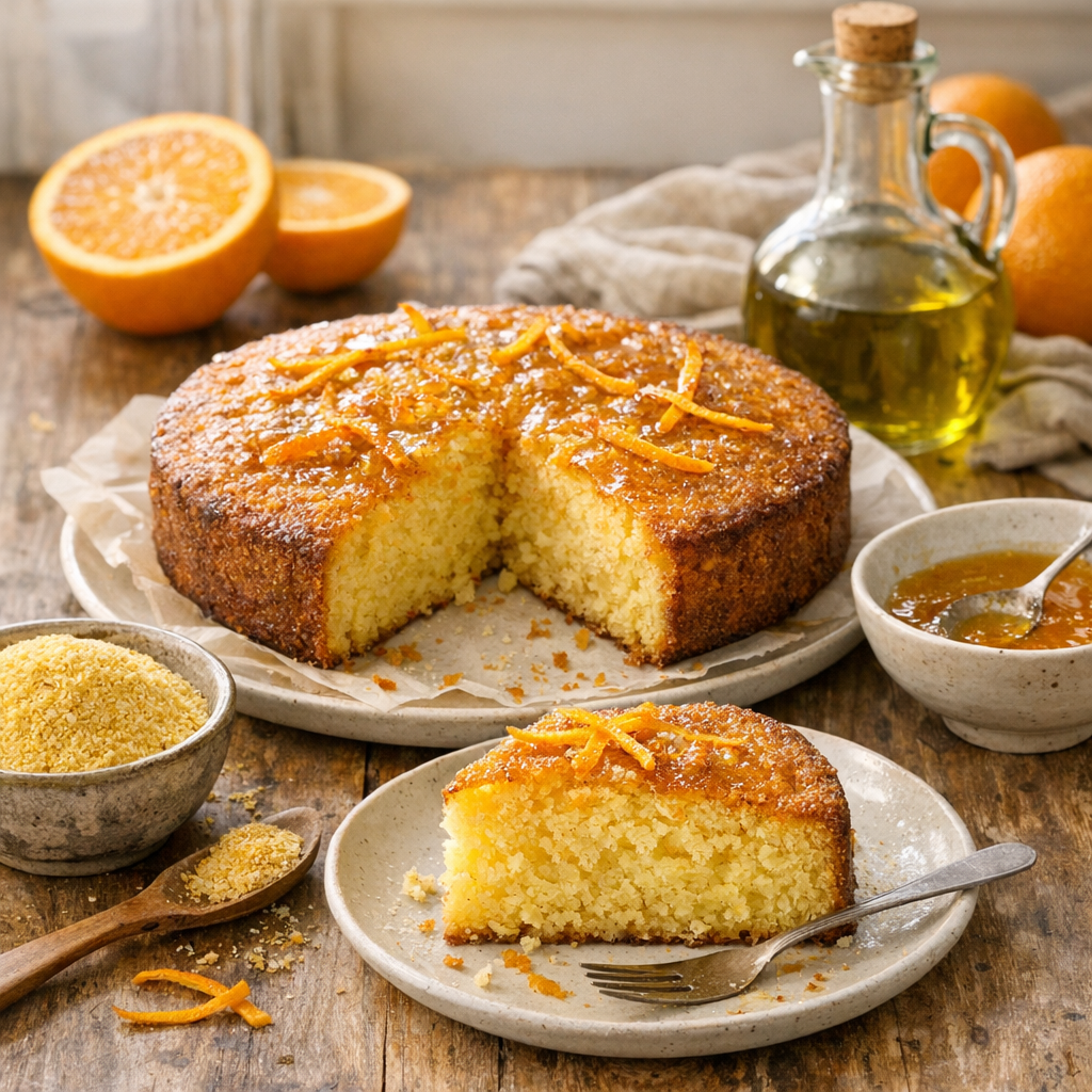 Une recette de gâteau à la semoule de maïs, orange et huile d’olive