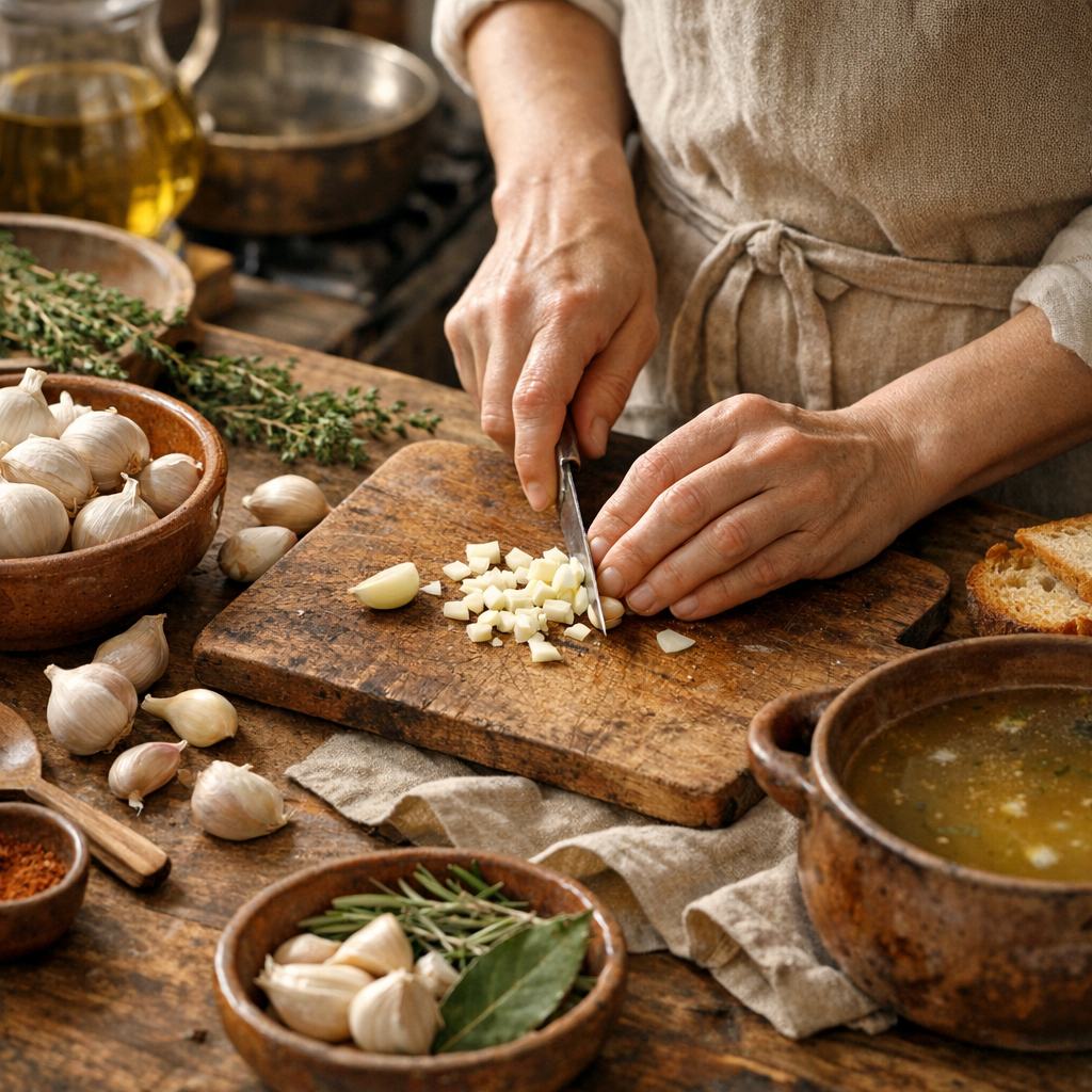 La préparation de la recette, sans brusquer l’ail