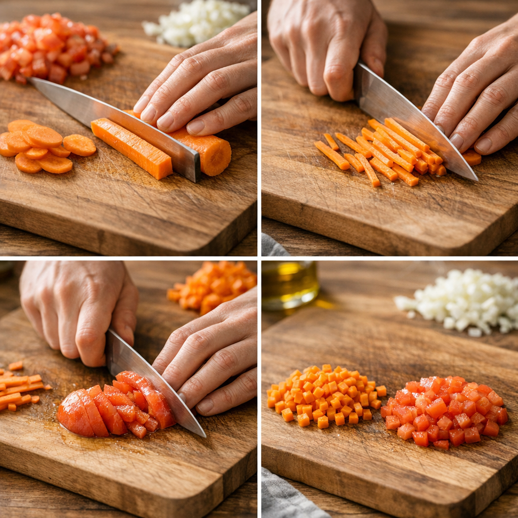 Tailler en brunoise étape par étape, sans écraser carotte ni tomate