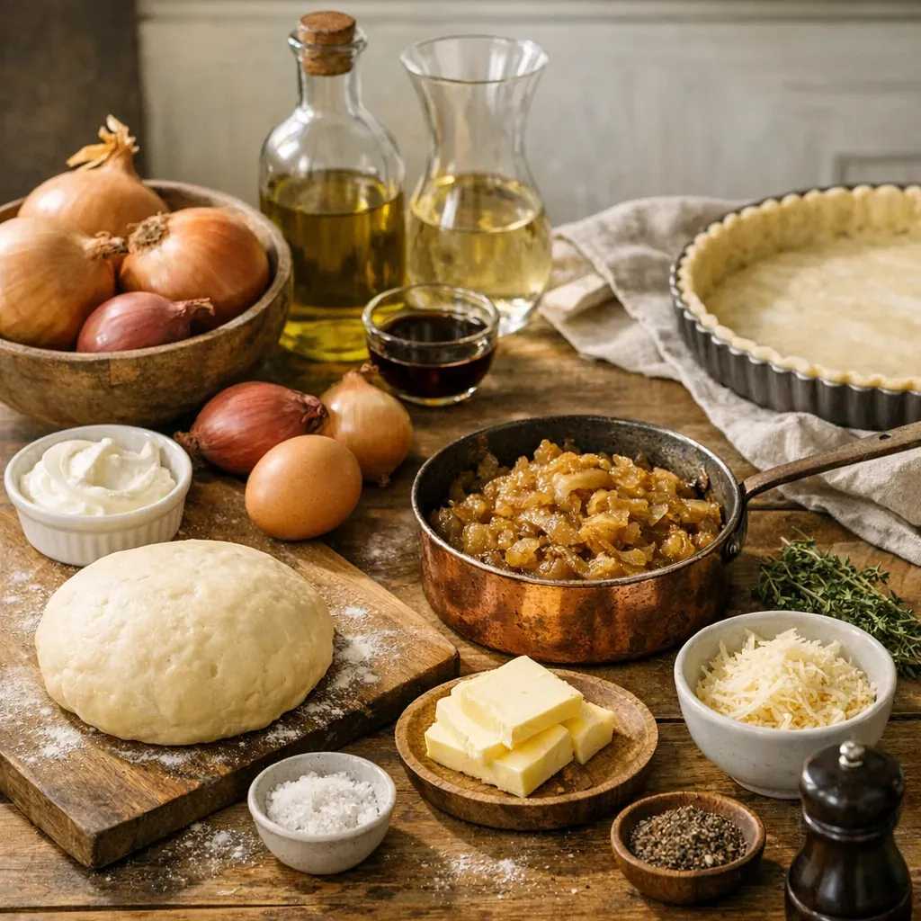 Ingrédients pour une tarte aux oignons gastronomique : peu de produits, mais une hiérarchie de gestes