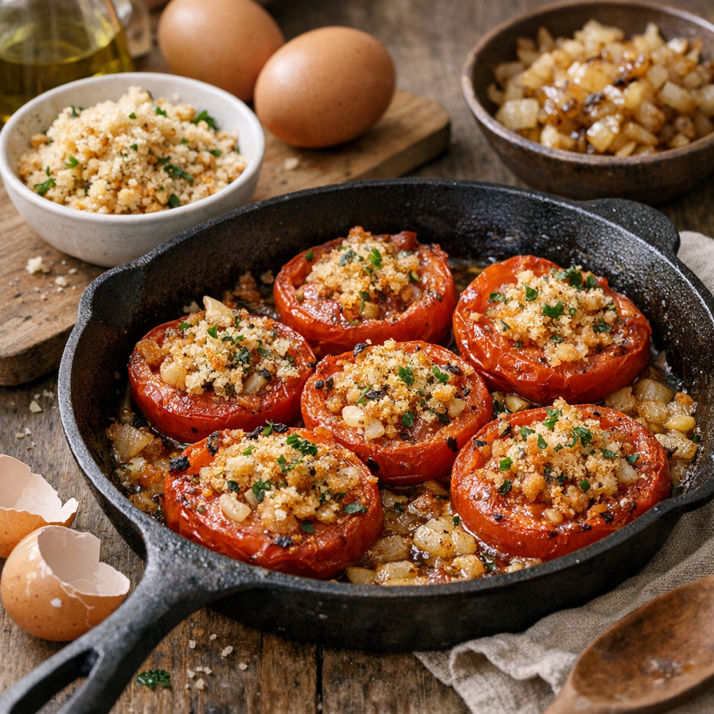Variantes provençales : chapelure, œufs, oignons et tomates presque confites