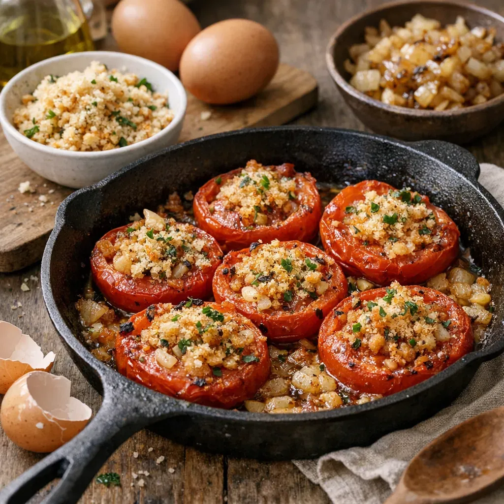 Variantes provençales&nbsp;: chapelure, œufs, oignons et tomates presque confites