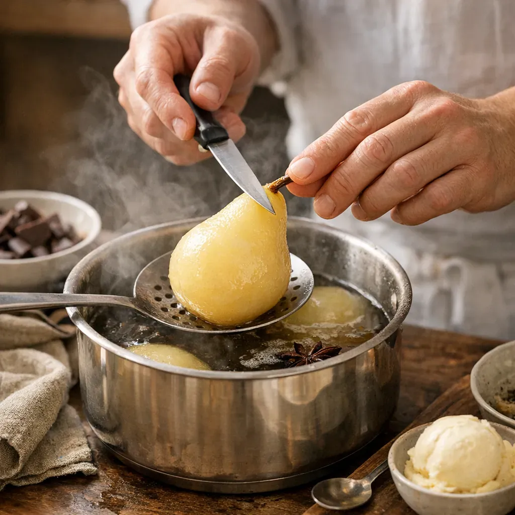 Gestes de chef pour une poire pochée fondante, pas farineuse
