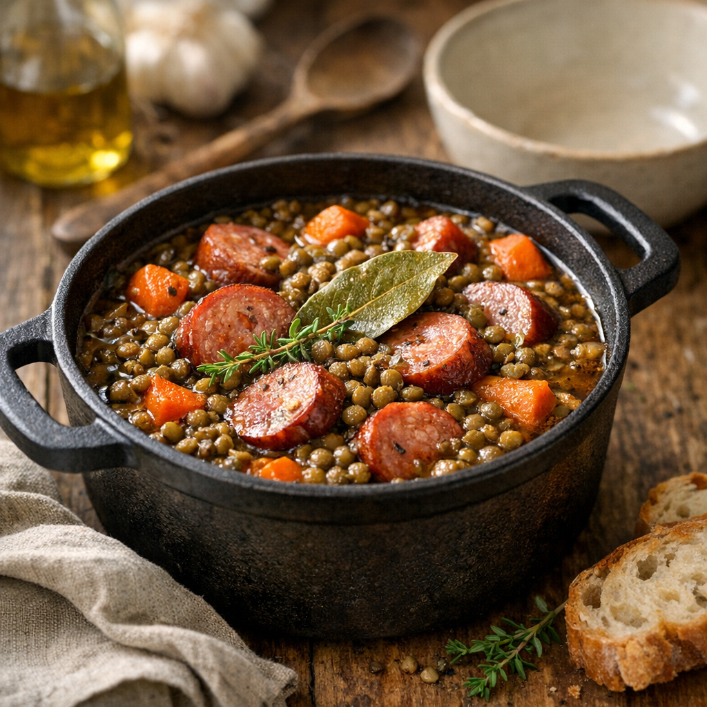 La véritable recette de saucisses aux lentilles se joue en cocotte