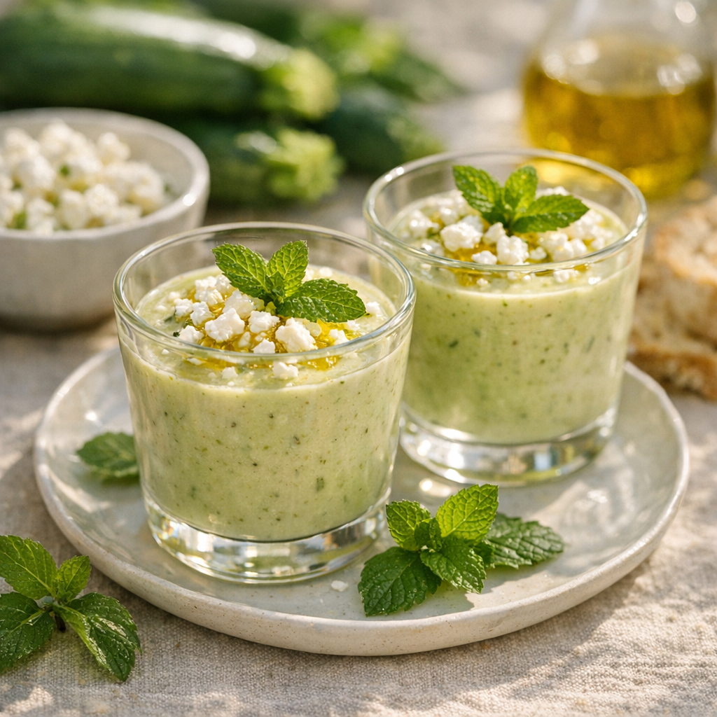 Le velouté de courgettes à la menthe se sert en petites verrines